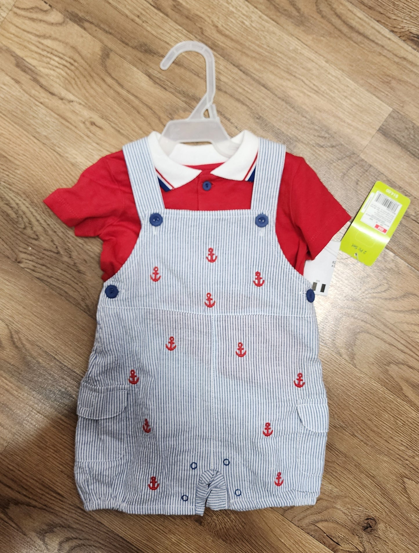 NEW Boys 6/9 month red and blue overalls outfit