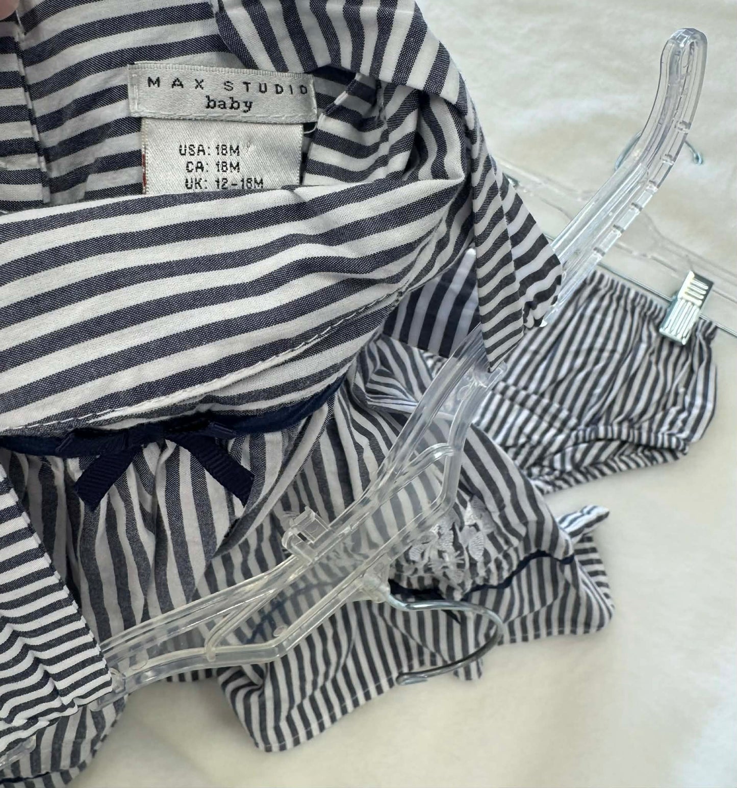 18 month max studio baby dress blue and white stripes with flower embroidery and matching diaper cover